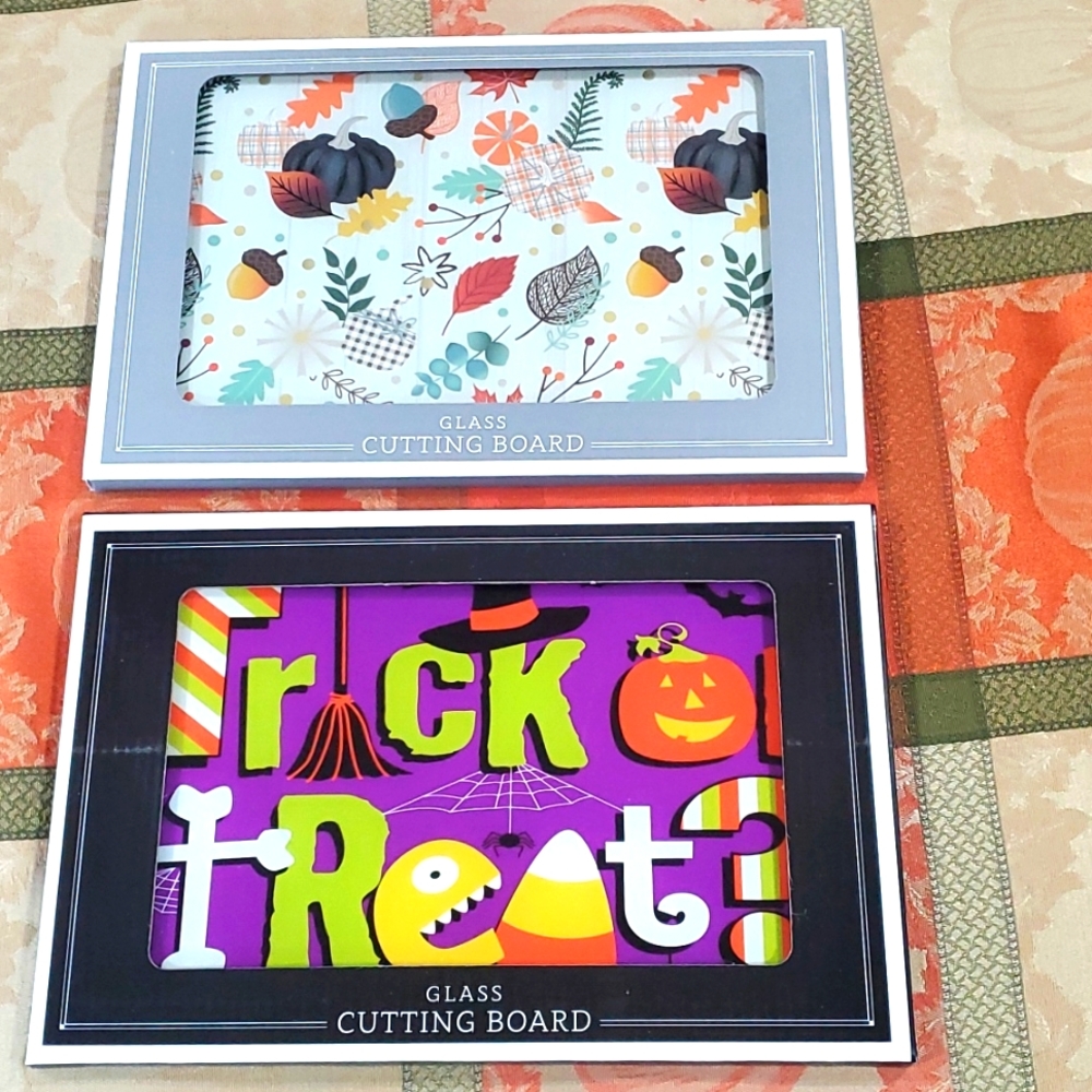 NEW Set of 2 Fall/Halloween Glass Cutting Boards